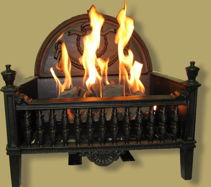 Olde World vented coal burner in larger Ornate cast iron basket